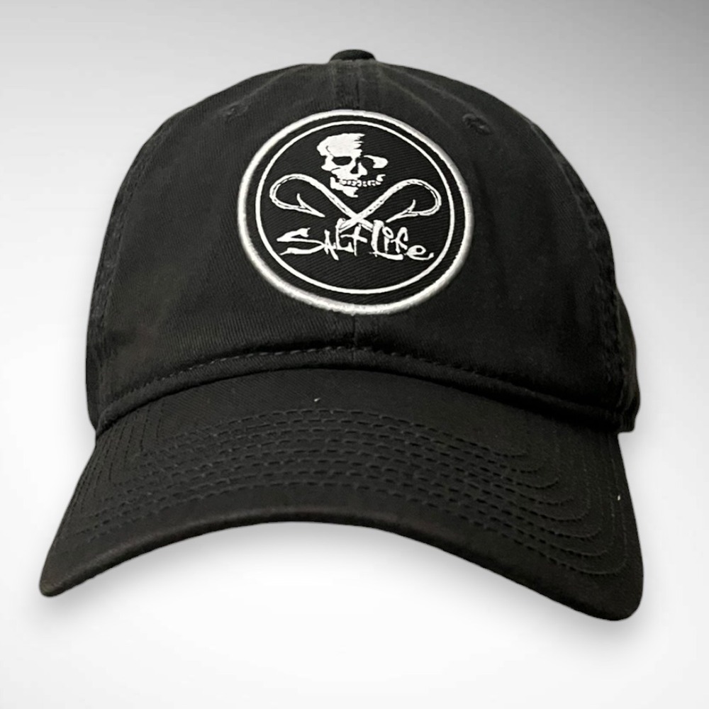 SALT LIFE Mens Black Gaffed Adjustable Hat Skull Fishing Hooks Logo Front Patch